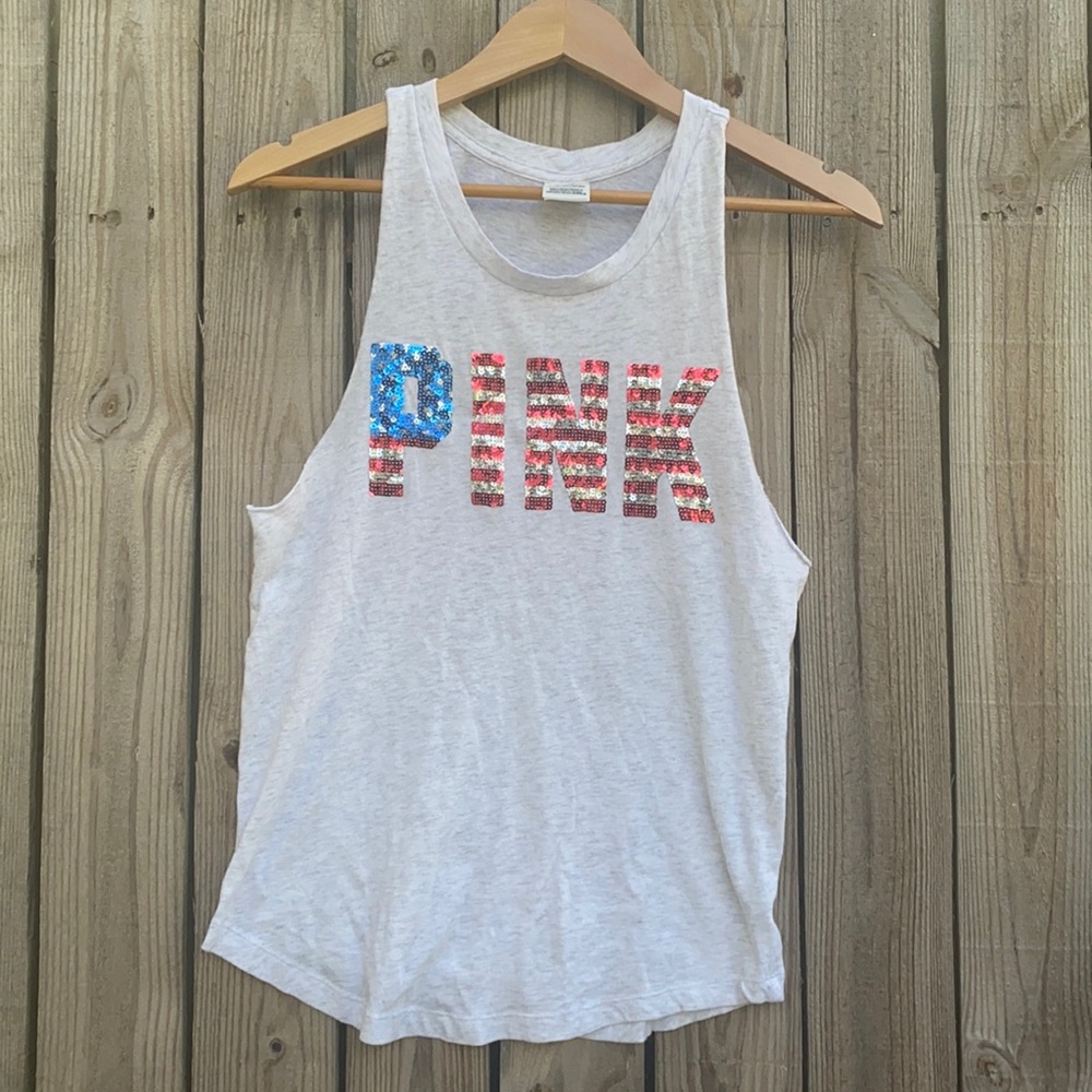 EUC VICTORIA'S SECRET PINK USA SEQUIN BLING FLAG AMERICANA PATRIOTIC TAN…